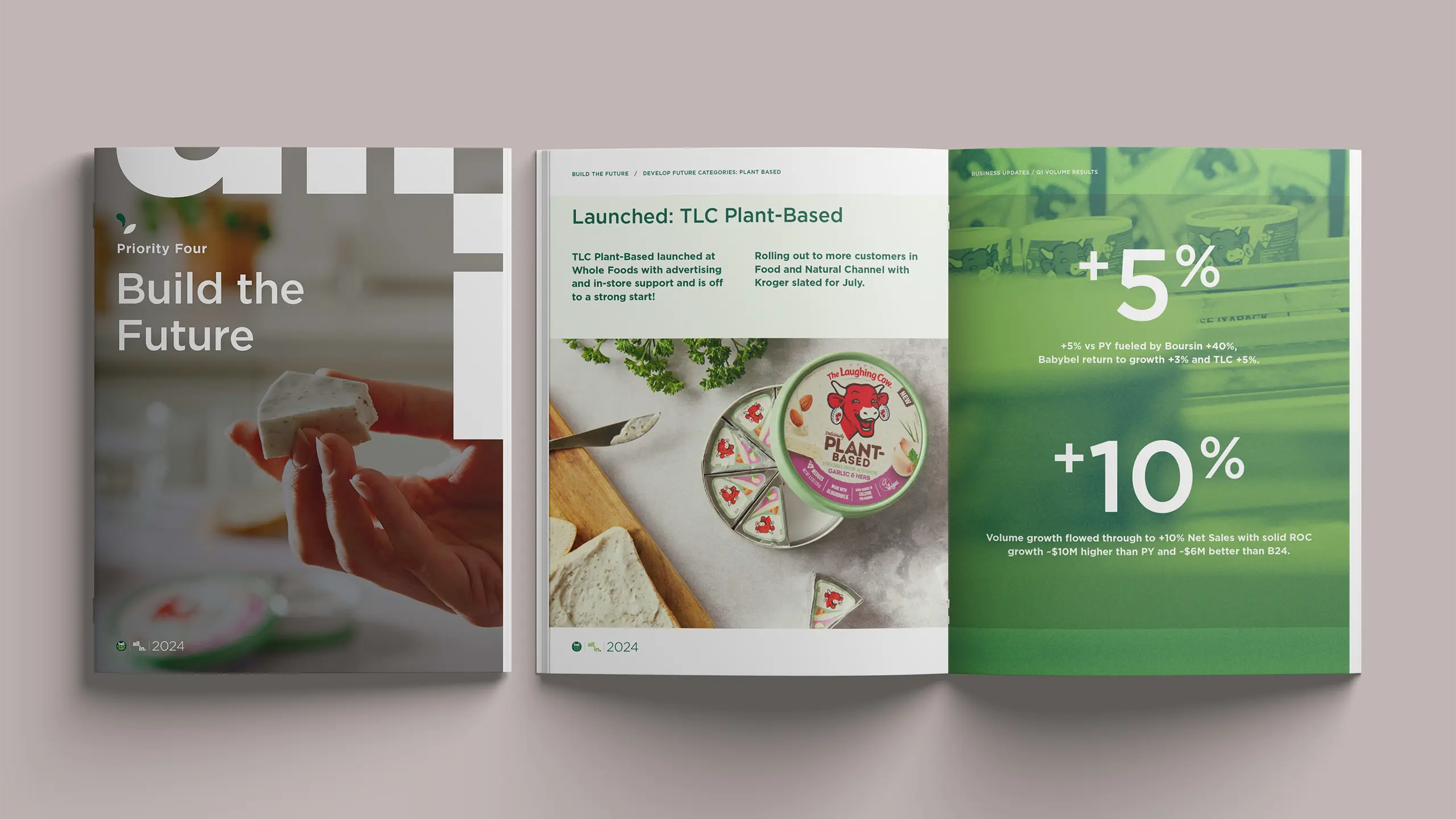 Cover and inside spread of Bel Brands’ ‘Say Cheese!’ August 2024 Round Up brochure