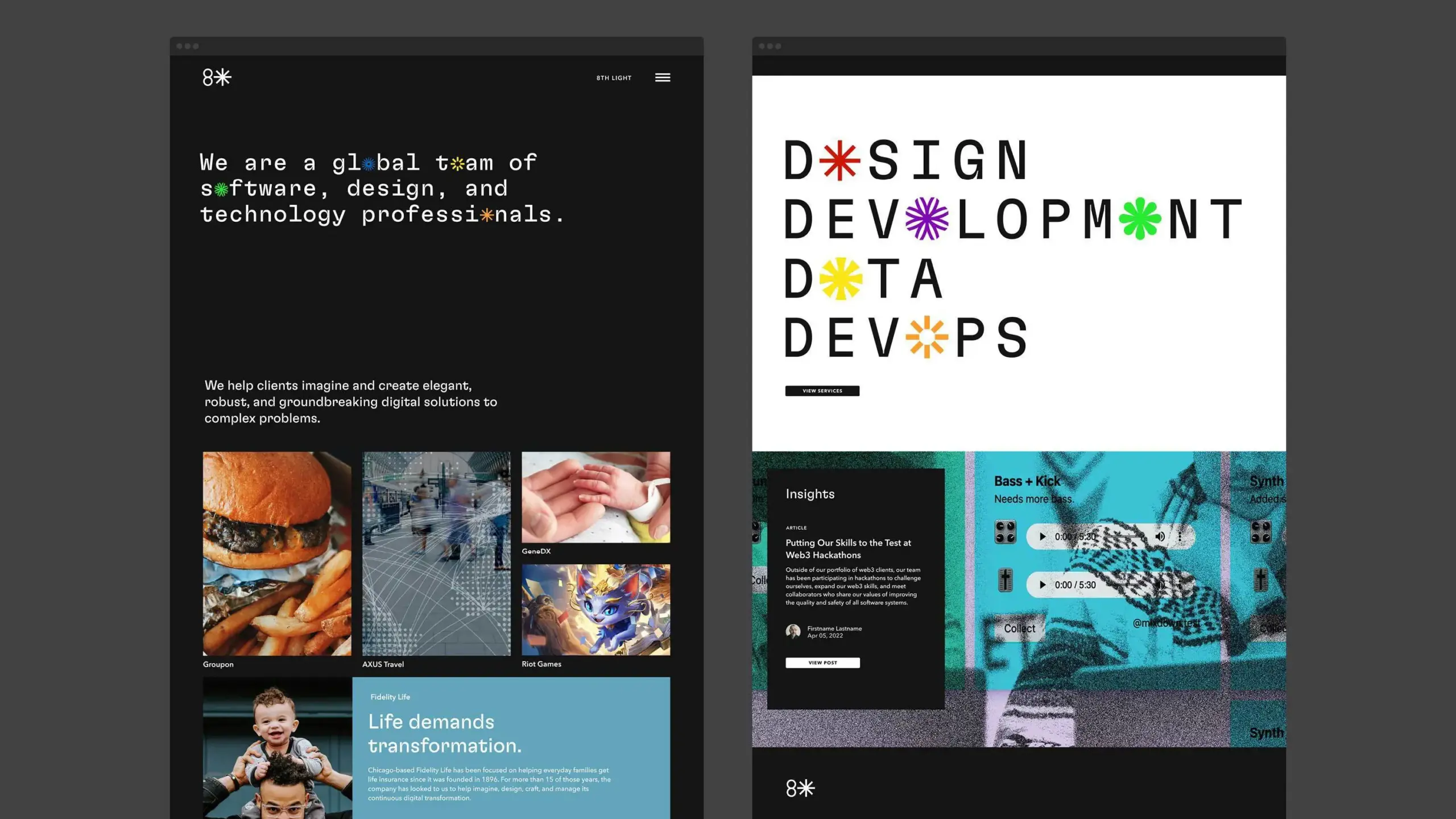 Two pages of the Eighth light website