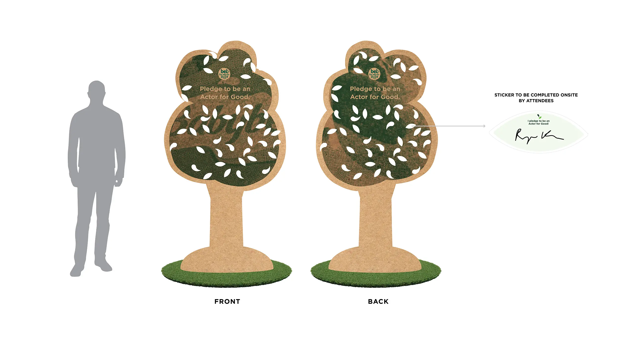 Mockup of the cardboard trees shown at human scale with a silhouetted person for size reference with stickers on trees
