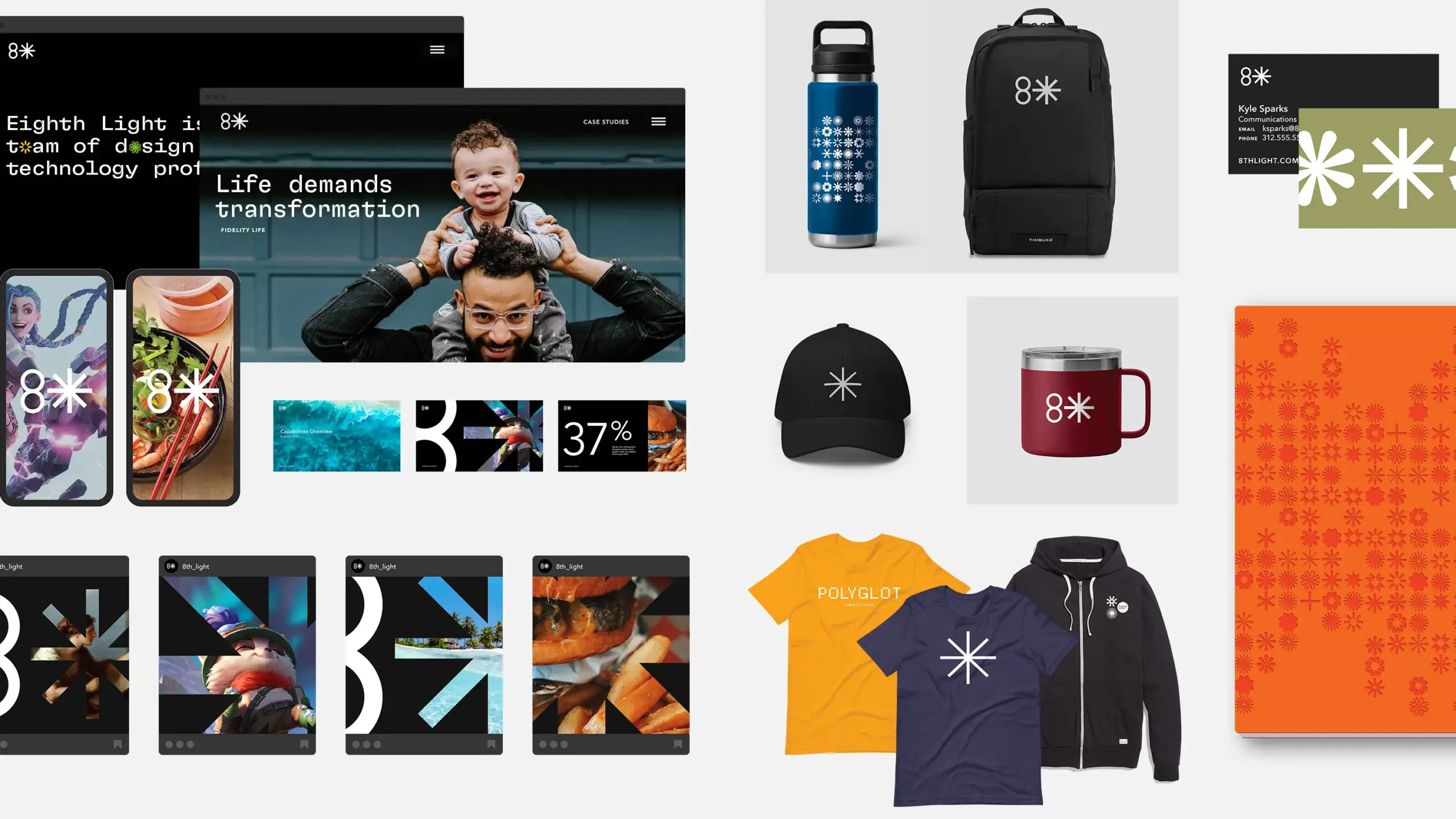 A collage of Eighth Light branded materials that include the website, social media, hats, backpacks, water bottles and apparel