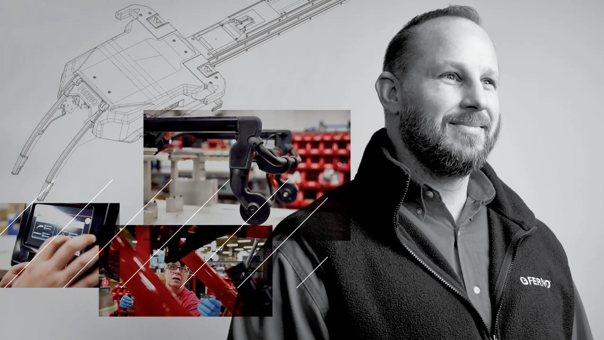 Ferno employee standing in front of images and linework of Ferno products