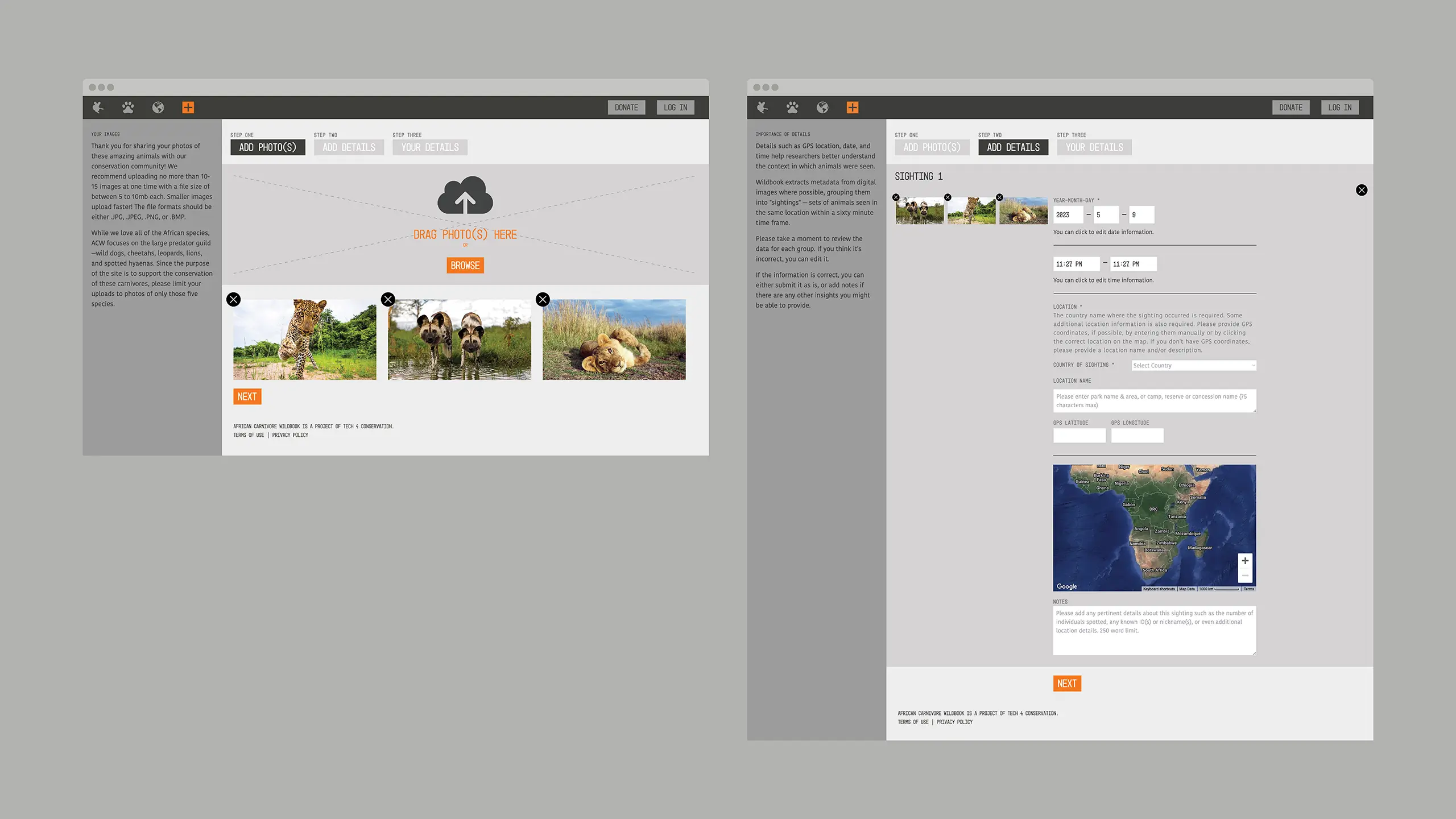 Photo upload screens from African Carnivore Wildbook