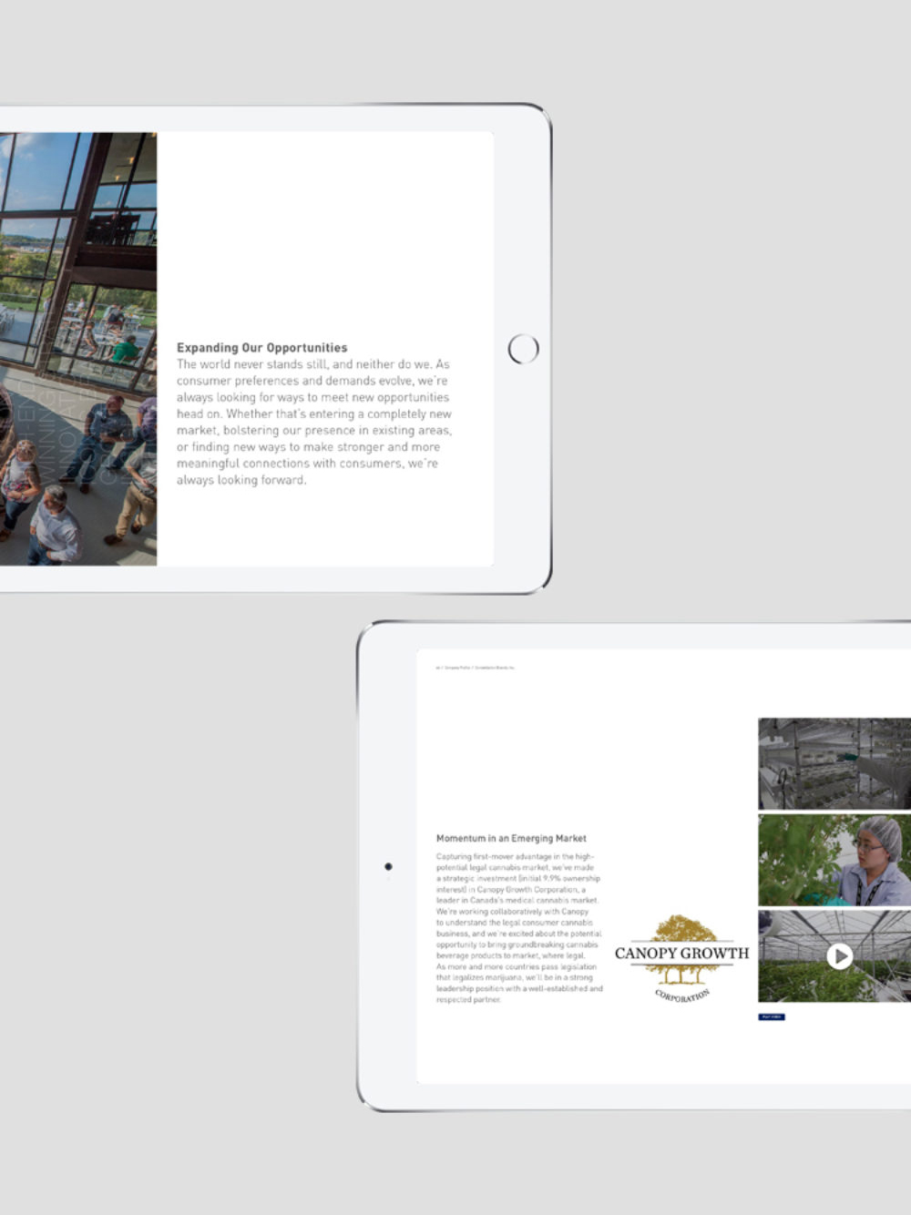 Two digital tablets displaying business presentations. The top tablet shows a text about growth opportunities, with a group in a modern office. The bottom tablet features text on emerging markets, a "Canopy Growth" logo, and plant images.