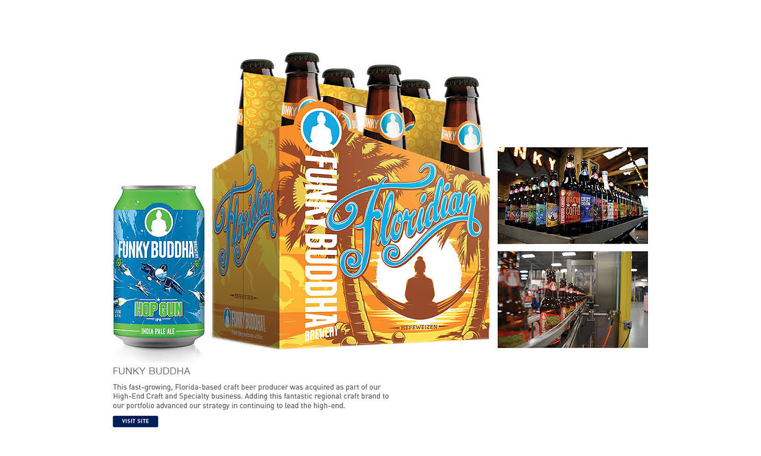 A six-pack of Funky Buddha Floridian beer with vibrant orange packaging depicting a sunset and palm trees. A single Hop Gun IPA can is beside it. Two images show a brewery production line with colorful Funky Buddha bottles.