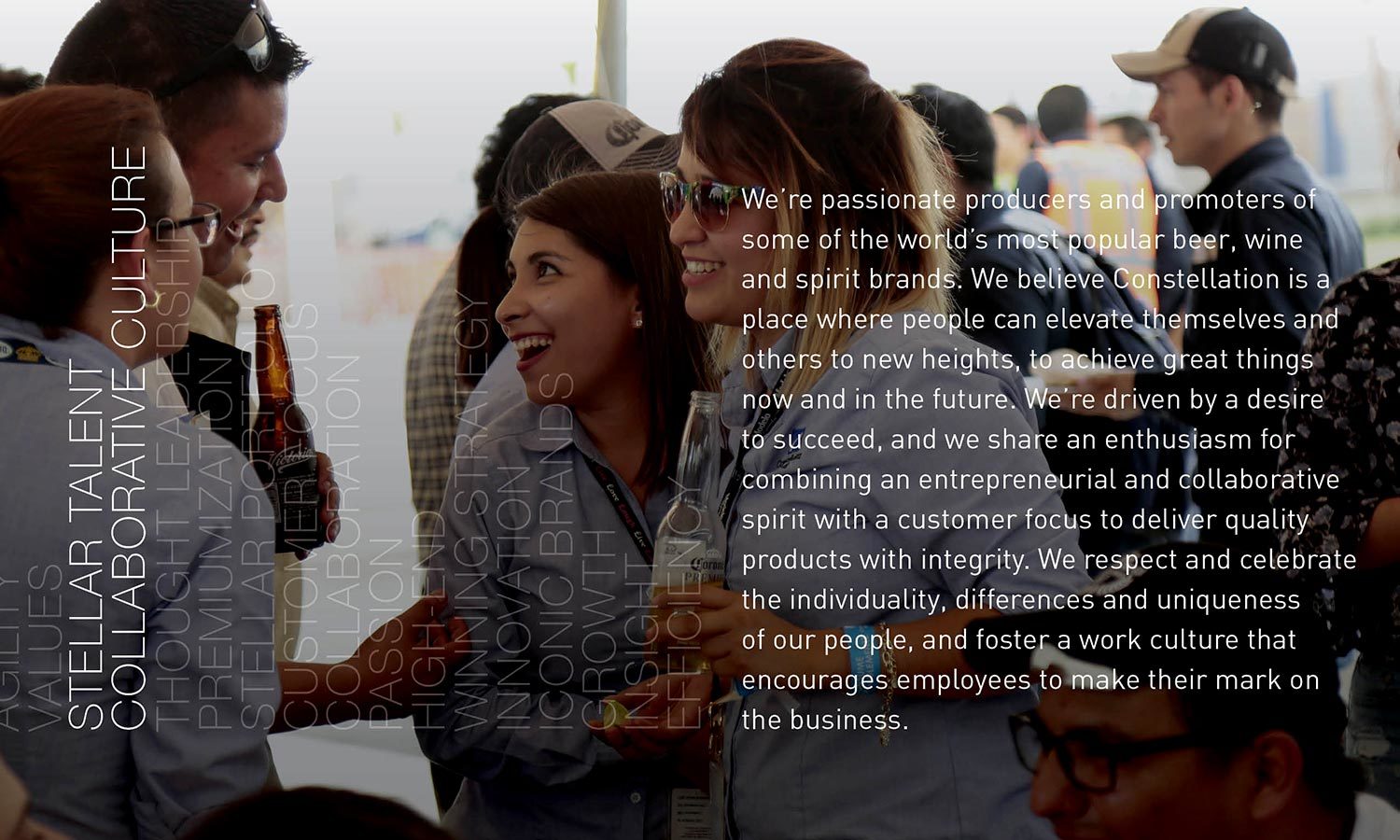 A group of people gathered, smiling and talking, creating a lively and collaborative atmosphere. Text overlays detail a company’s values and mission, emphasizing teamwork and passion.