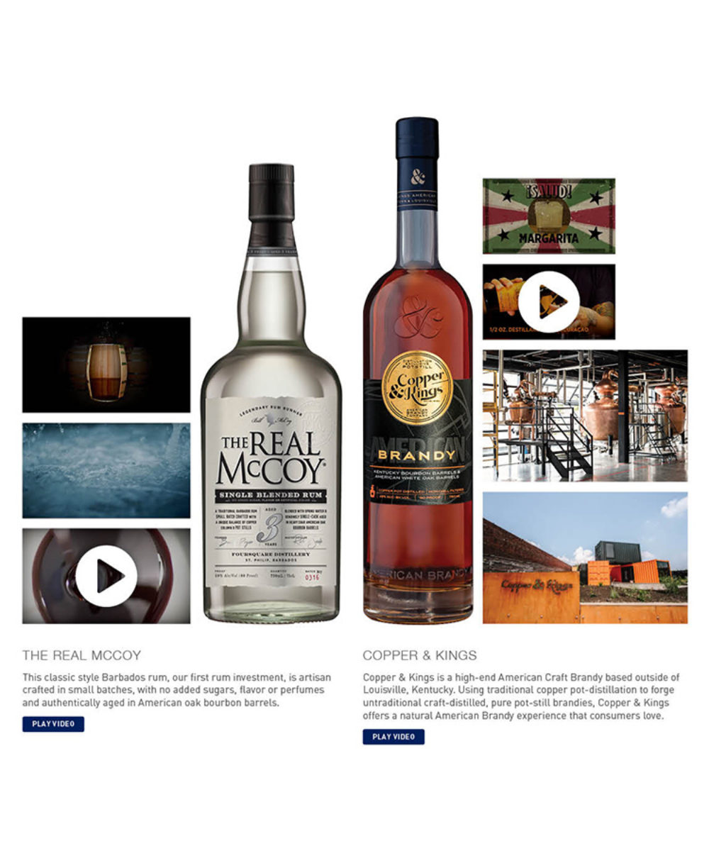 Two bottles, "The Real McCoy" rum and "Copper & Kings" brandy, are displayed. Surrounding images depict distillery scenes and branding elements.