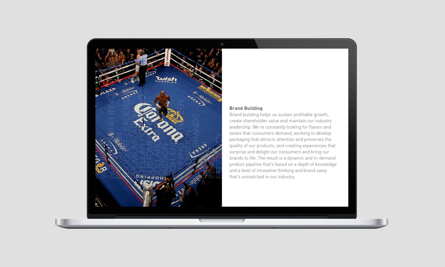A laptop display shows a split screen: left depicts a boxing match in a blue ring with "Corona Extra" branding; right contains text about brand building.
