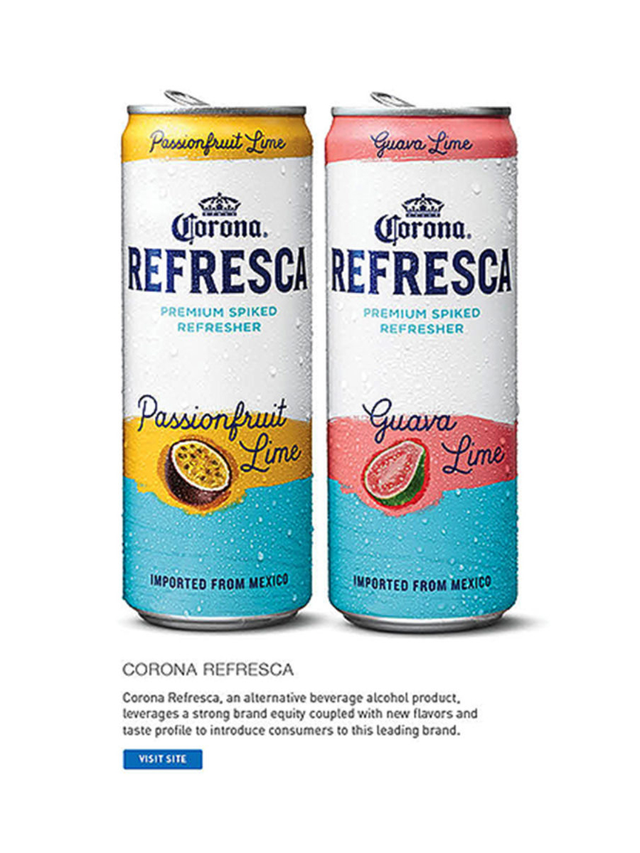 Two cans of Corona Refresca, one in yellow for Passionfruit Lime, the other in pink for Guava Lime. Both show fruity designs, water droplets, and "Imported from Mexico" text.