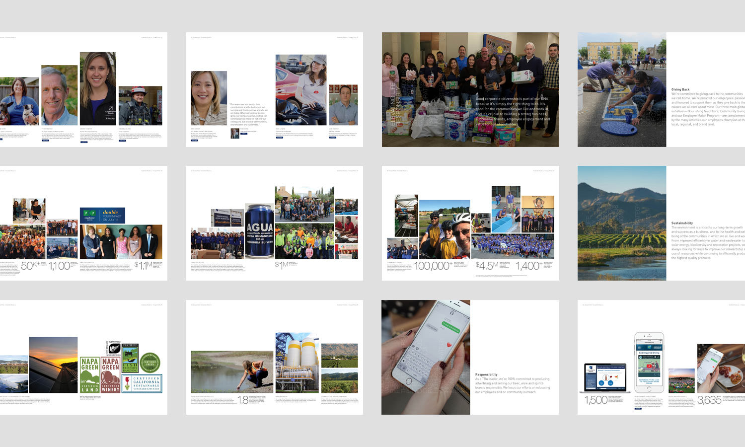 A collage of twelve images showing diverse individuals, group activities, landscapes, and technology.