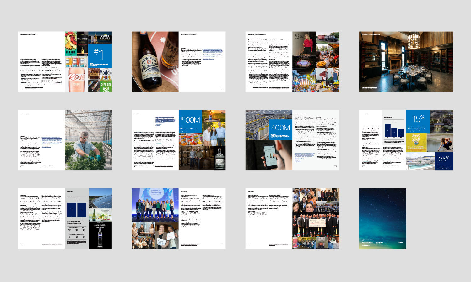 A brochure spreads with images of food products, a bottle, a greenhouse, a library, charts, and statistics.