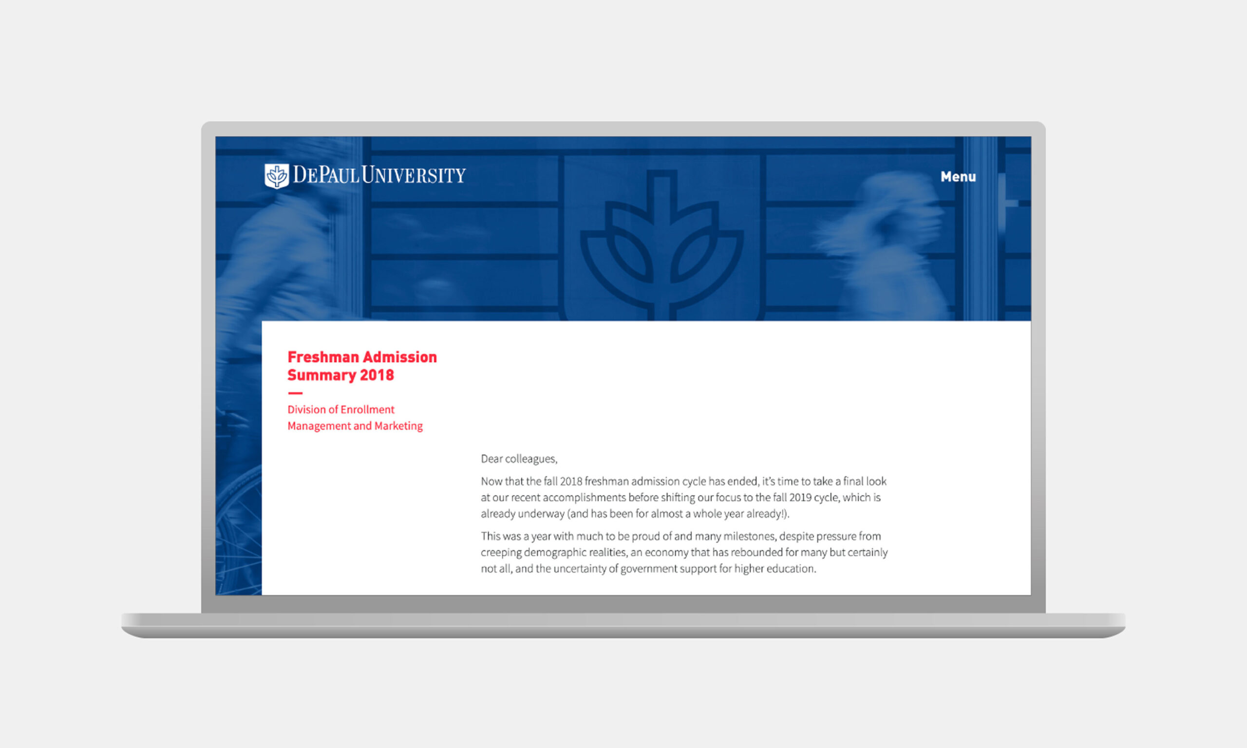 Laptop screen displaying DePaul University Freshman Admission Summary 2018. Blue header with university logo, white text box below detailing admissions message.