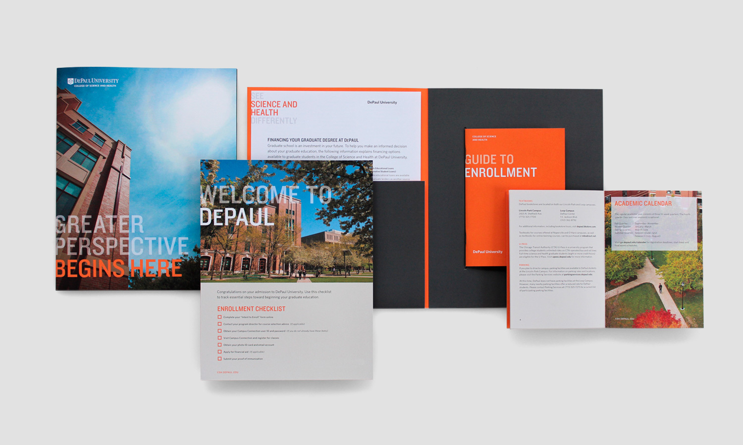 A collection of DePaul University brochures and materials from the admission kit, featuring a tall building against a blue sky, vibrant orange details, and enrollment information.