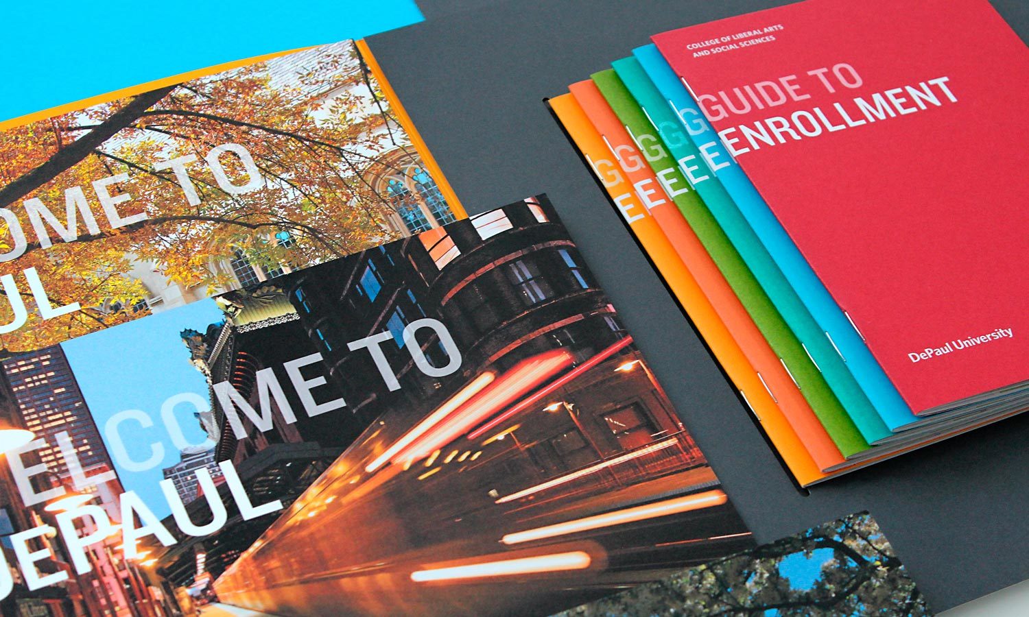 Colorful brochures and booklets from DePaul University, featuring vibrant urban imagery and the text "Welcome to DePaul" and "Guide to Enrollment."