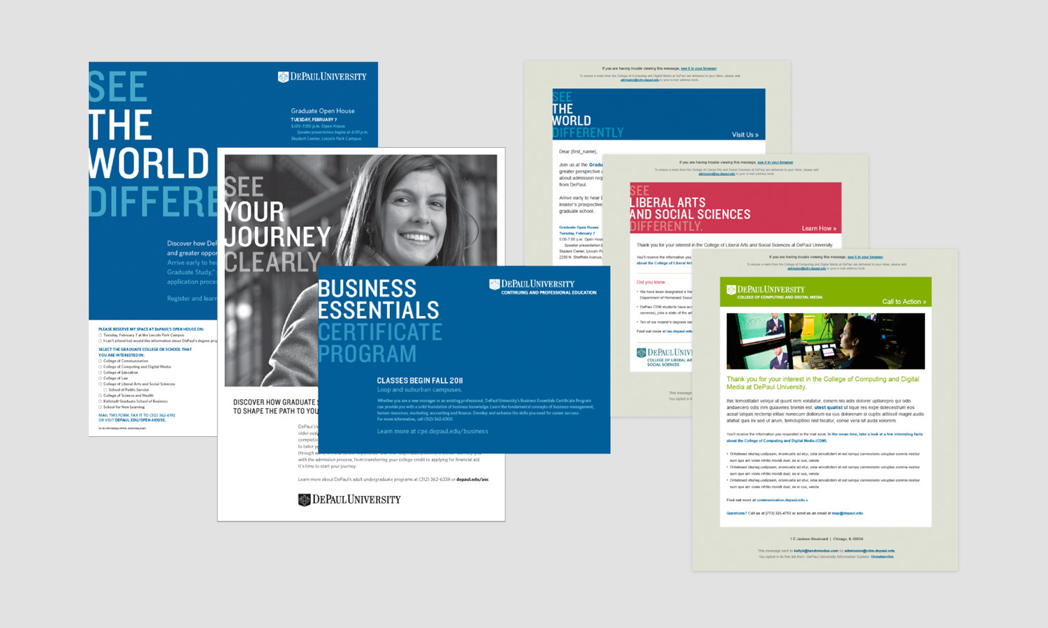 A collection of DePaul University print and email campaign elements for first contact with bold text and vibrant colors. Prominent headings include 'Business Essentials Certificate Program.' The brochures feature smiling individuals and inviting tones, conveying educational opportunities.