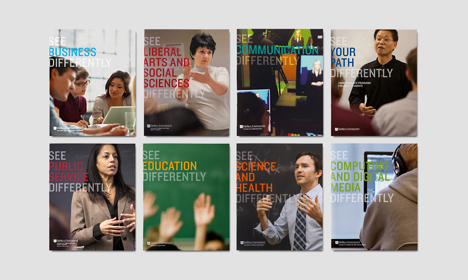 Collage of eight viewbook covers posters featuring diverse subjects like business, arts, communication, and media, each with engaged people and bold text.