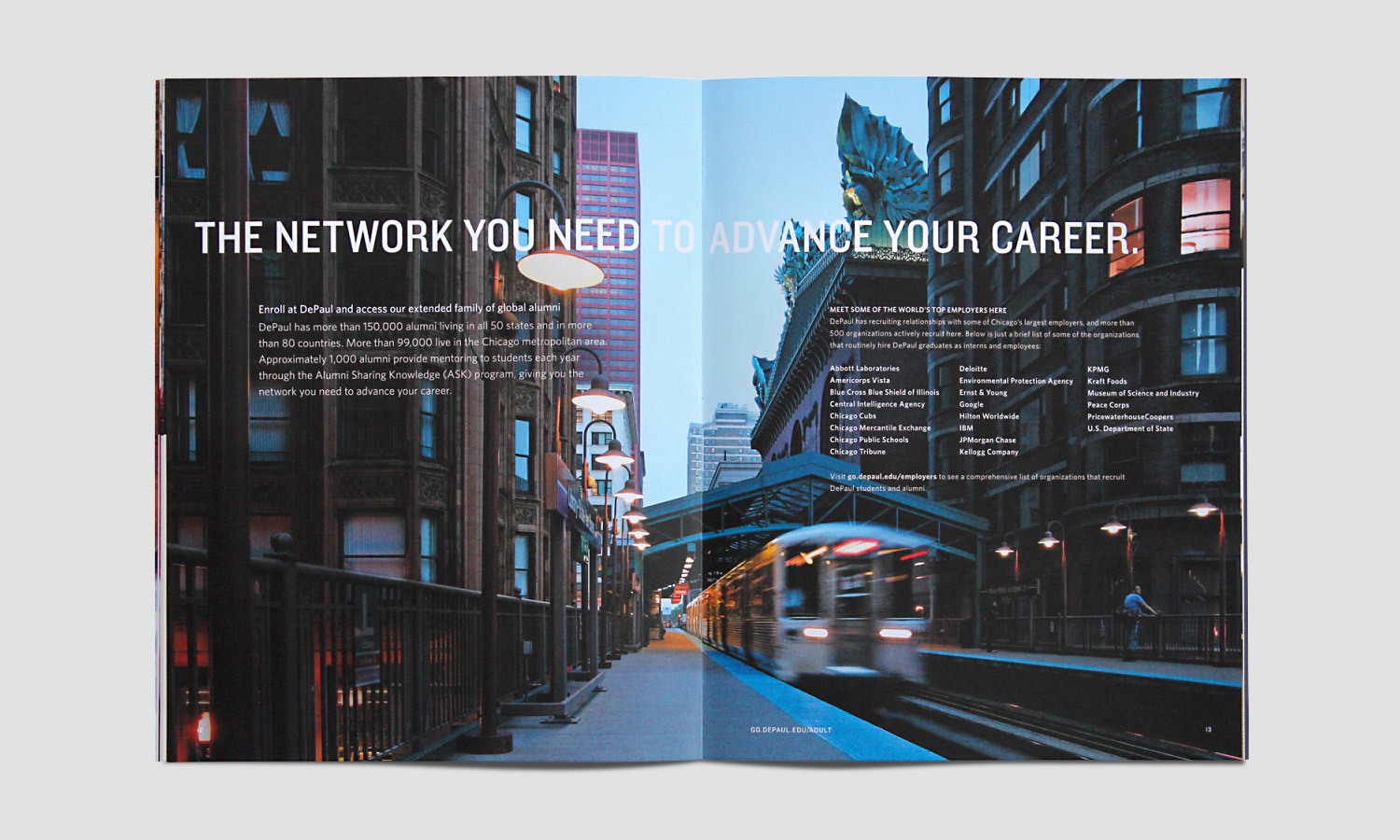 Open magazine spread showing a cityscape with a moving train and tall buildings at dusk. Text overlay reads 'The Network You Need to Advance Your Career.'