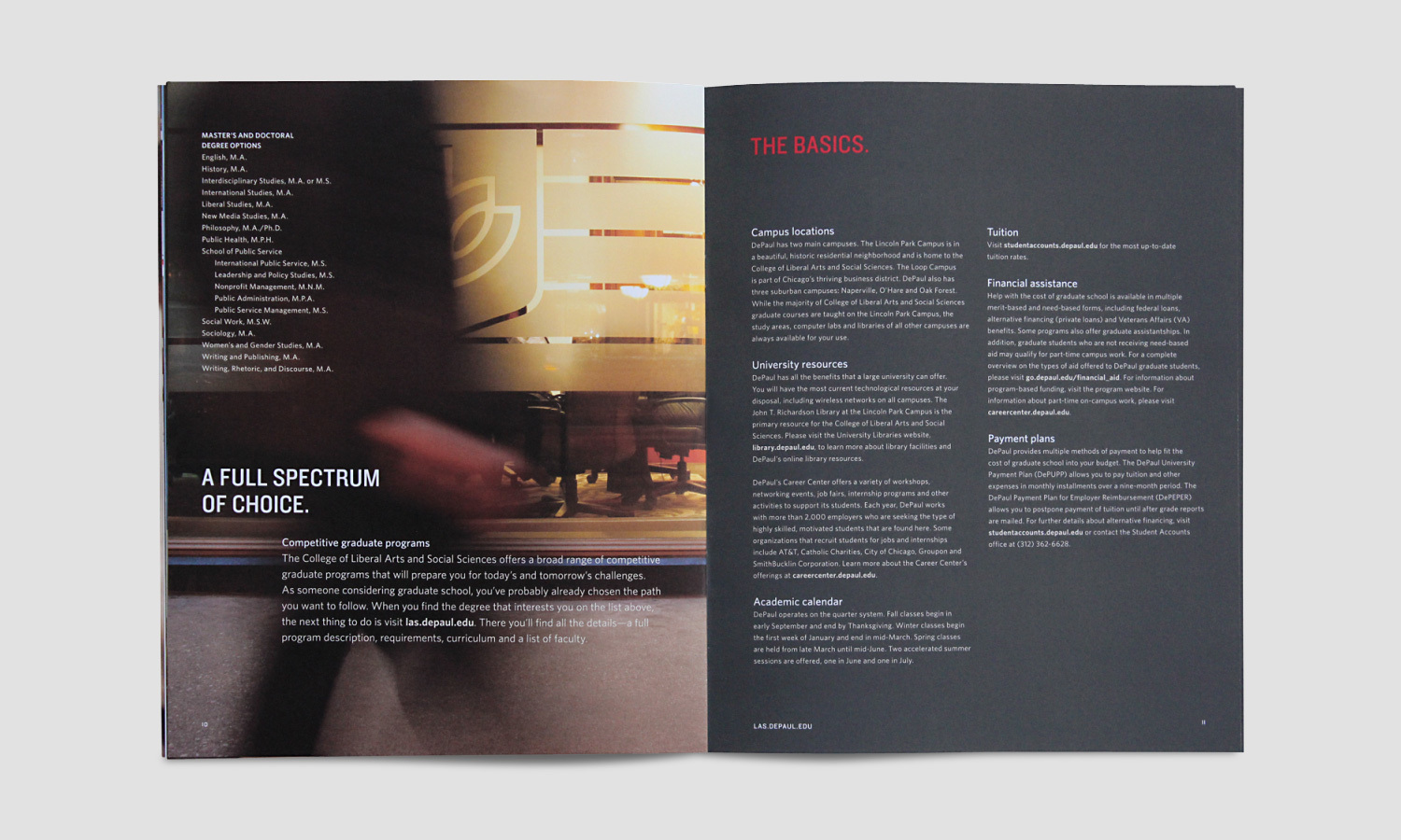 A two-page booklet spread with the left page showing blurred motion of a person walking past a glass wall, text overlaying the image: "A Full Spectrum of Choice.” The right page has a dark background with white text headed "The Basics," detailing campus info, tuition, resources, and financial aid.