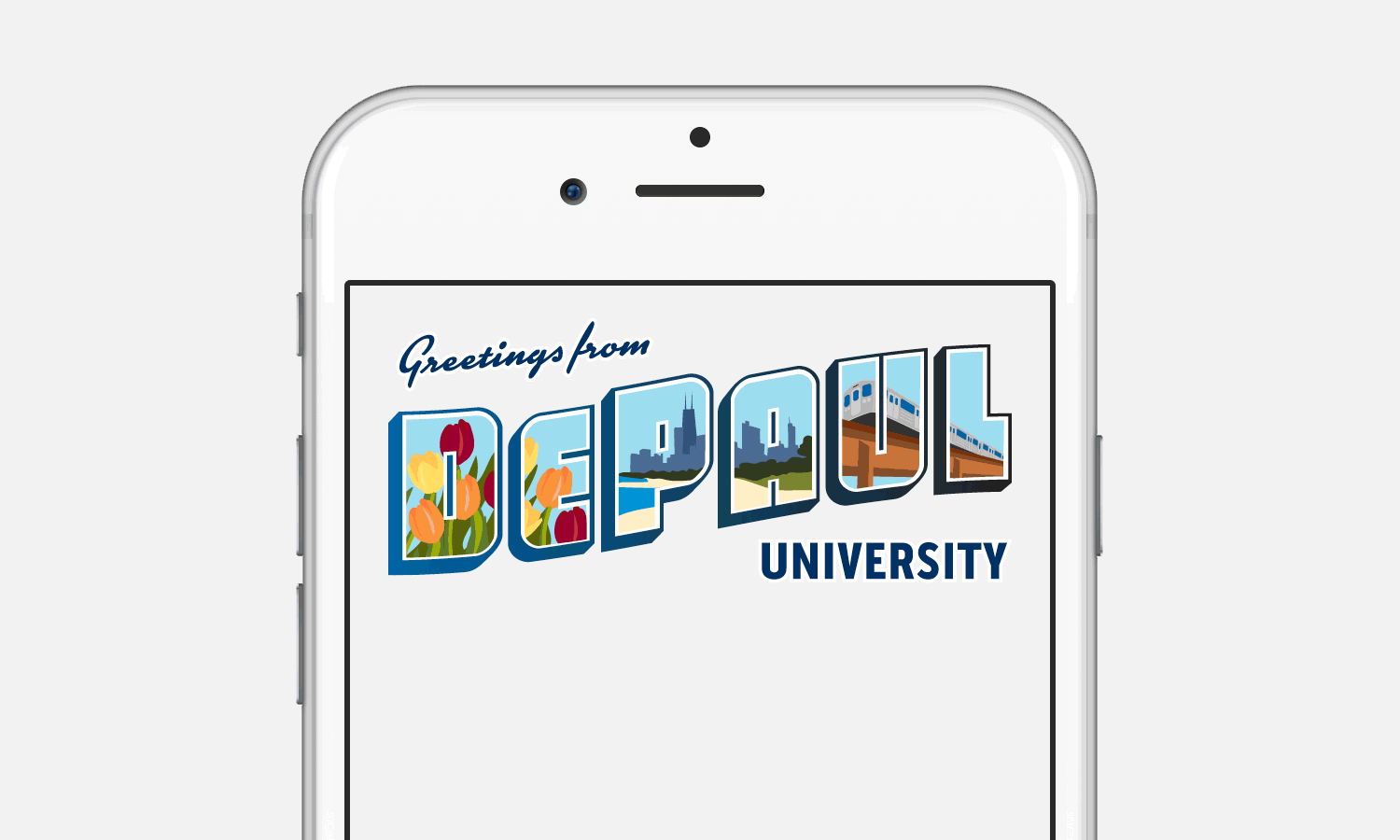 Animation of the spring, summer and fall seasons rotating through the the DePaul University postcard graphic