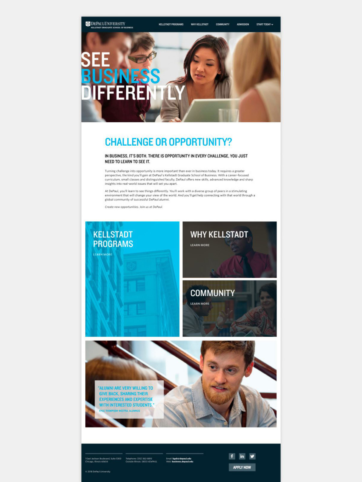 Website screenshot of DePaul University Kellstadt Graduate School. It features diverse students, program highlights, and a "Challenge or Opportunity?" headline.