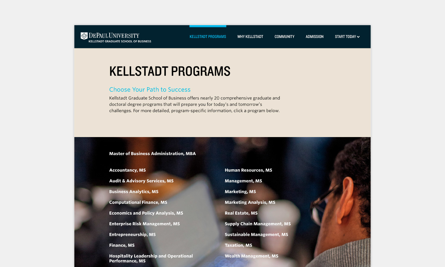 DePaul University's Kellstadt Graduate School webpage lists various master's programs like MBA, Finance, and Marketing and the background image shows people in discussion.