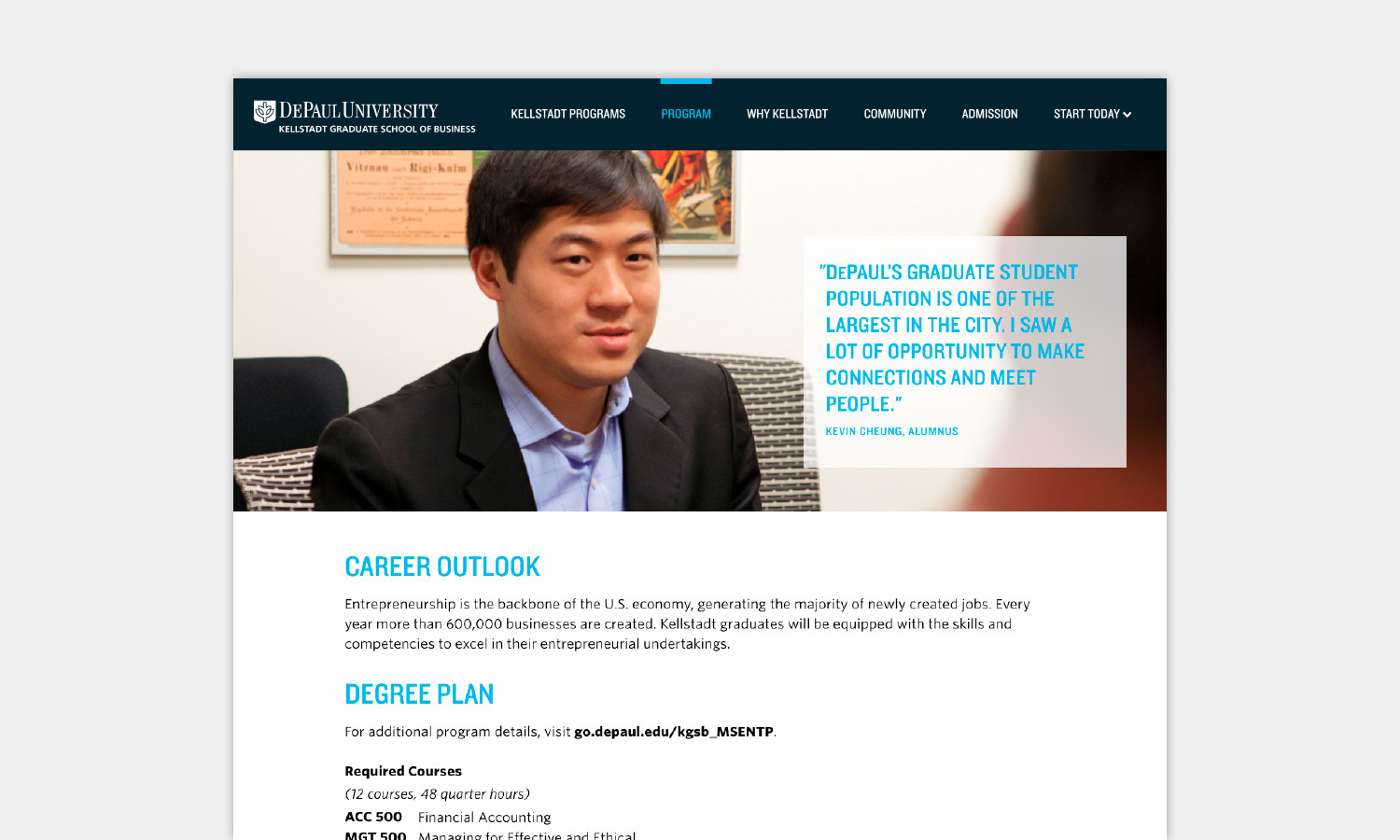 Text highlights career outlooks and degree plans and a man in a suit sits in an office setting on a DePaul University webpage.