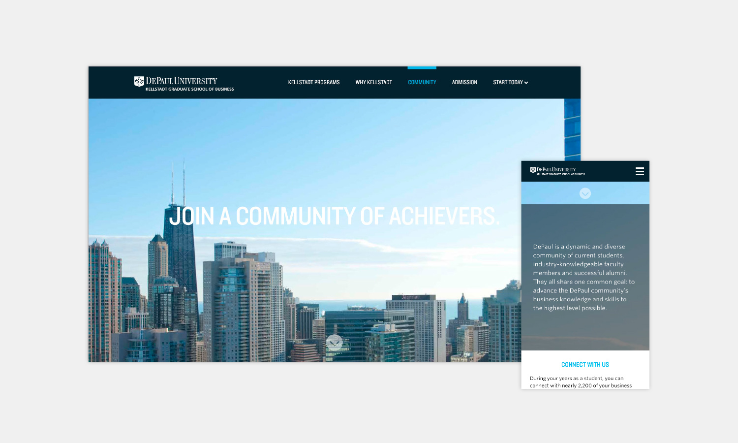 University webpage for desktop and mobile with a skyline view of skyscrapers under a clear blue sky. Bold text reads 'Join a community of achievers'
