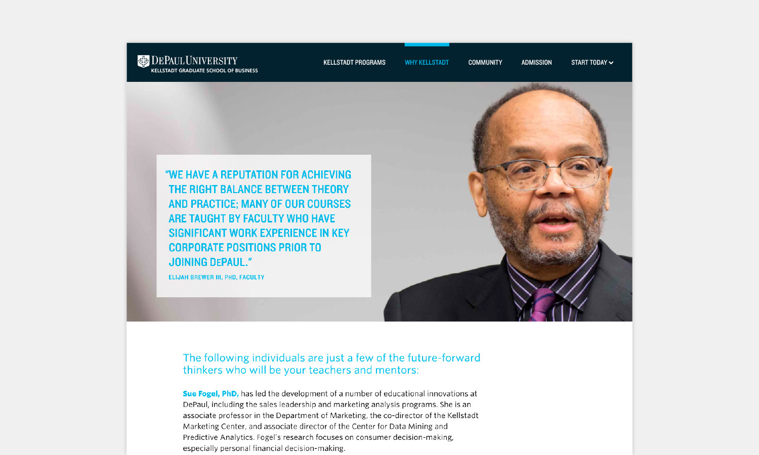 A man in glasses and a suit speaks confidently against a light background. Text beside him quotes his emphasis on blending theory and practice in education.