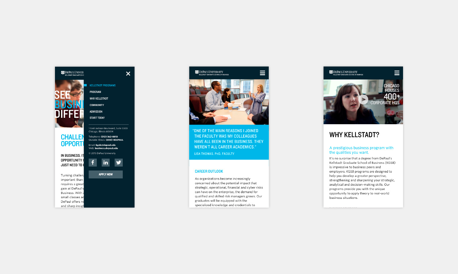 Three mobile screens display a business school website. The first shows a menu overlay, the second features two people in discussion, and the third has a woman speaking.