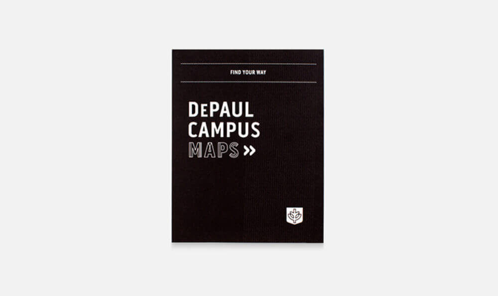 Black brochure cover featuring "DePaul Campus Maps" in bold white text, accompanied by arrows and a small emblem below, set against a plain background.