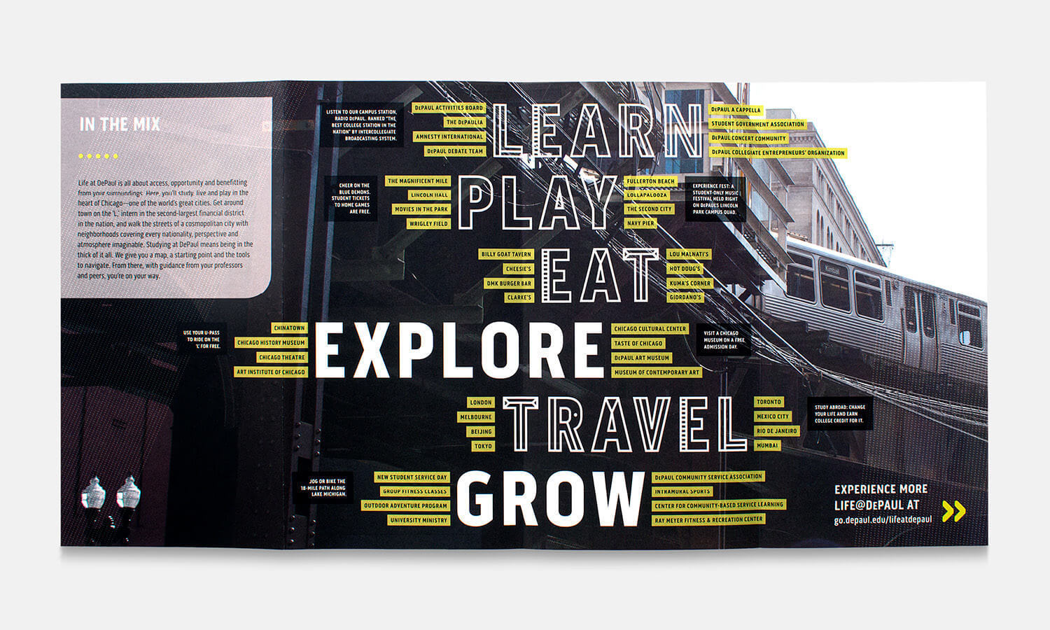 The image features a collage of urban scenes with bold white text overlaying phrases like "Learn," "Play," and "Travel."