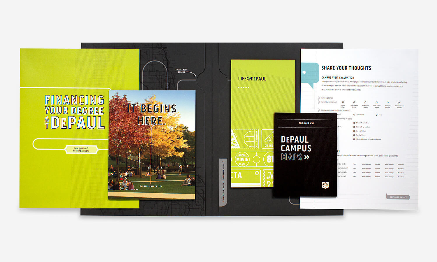 A collection of DePaul University brochures lays open on a surface. Includes bright green and black covers with text about financing, student life, and campus maps.