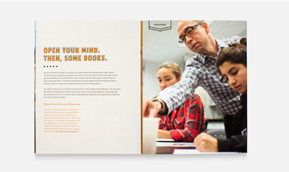 A teacher points at a student's work in a classroom on the right page; text on the left reads, "Open your mind. Then, some books."