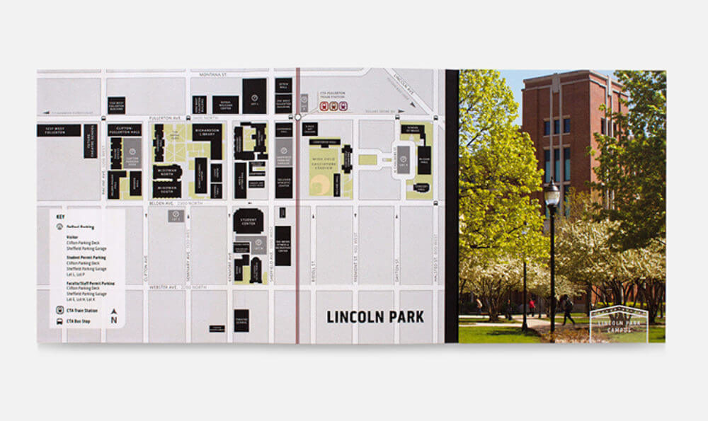 Map of Lincoln Park campus with building labels on the left and a color photo on the right showing a building, lush trees, and a lamp post.