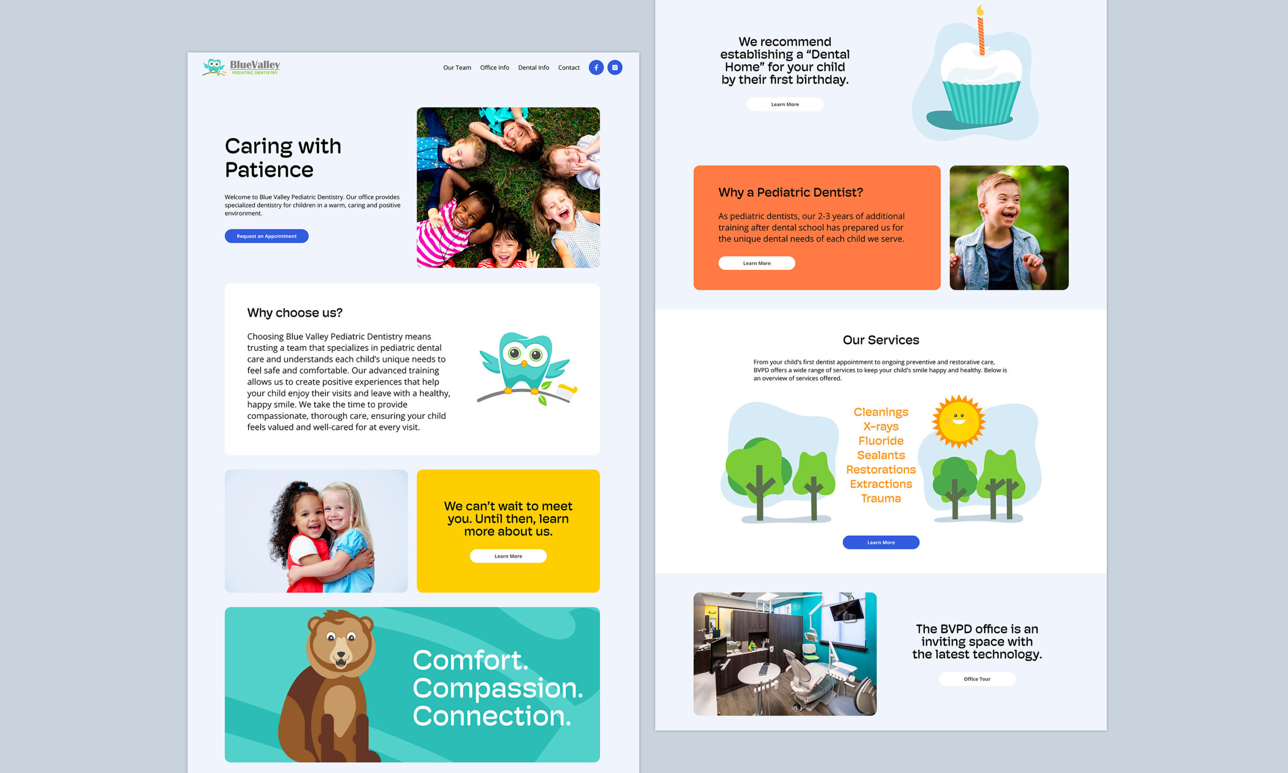 Homepage images of the Blue Valley Pediatric Dentistry website