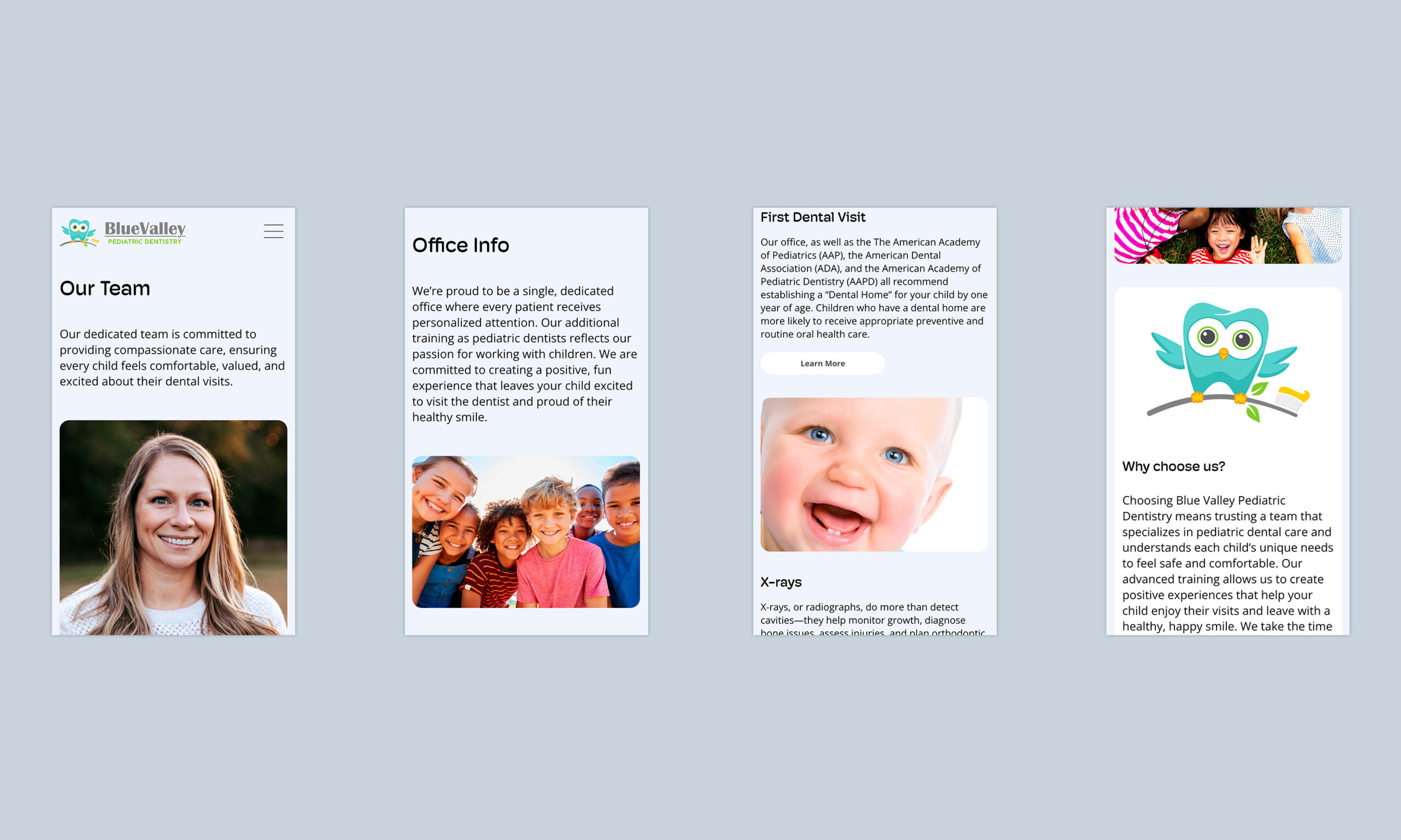 Mobile page layouts for Blue Valley Pediatric Dentistry