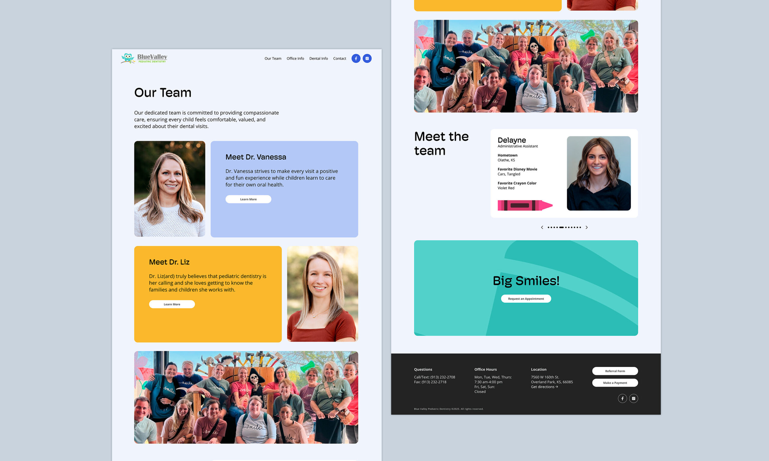 Pages from the Our Team section of the Blue Valley Pediatric Dentistry website