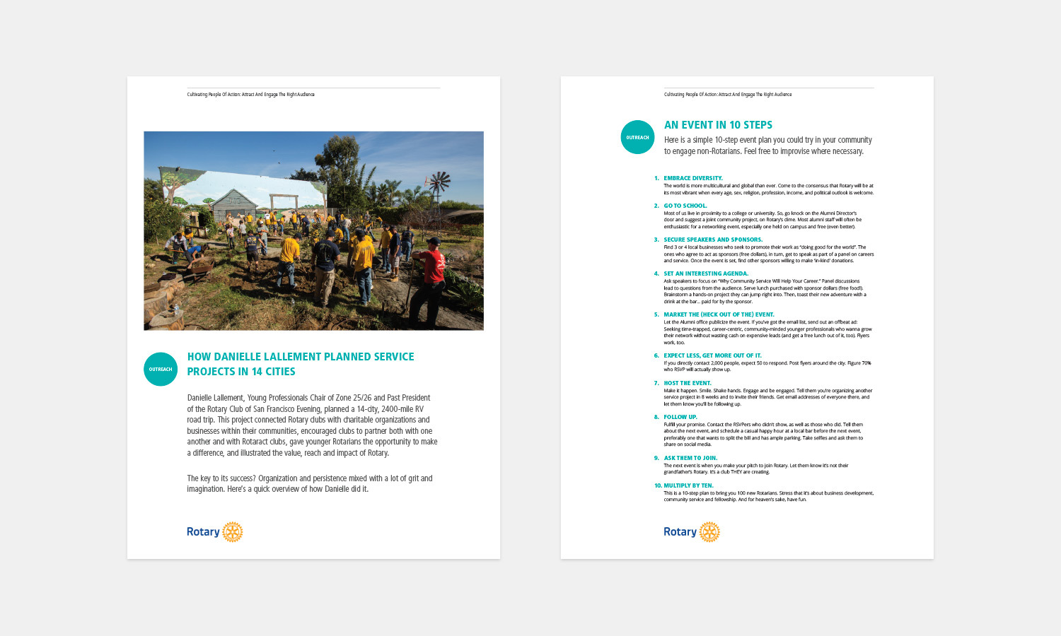 A two-page spread. Left page: a photo of people in yellow shirts working in a garden, titled "How Danielle Lallement Planned Service Projects in 14 Cities." Right page: titled "An Event in 10 Steps," lists steps 1 to 10 in a blue font. Rotary logo on both pages.
