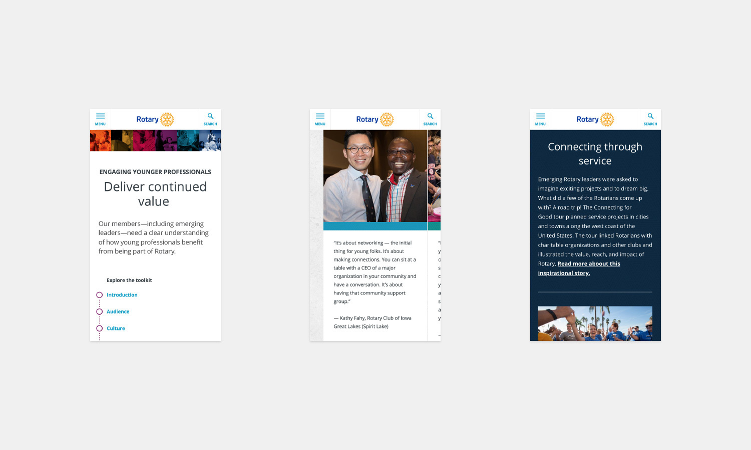 Three mobile screens show Rotary's website. The first screen highlights engagement with young professionals. The second features a testimonial beside a photo of two smiling men. The third screen discusses service projects, with an image of a community clean-up.