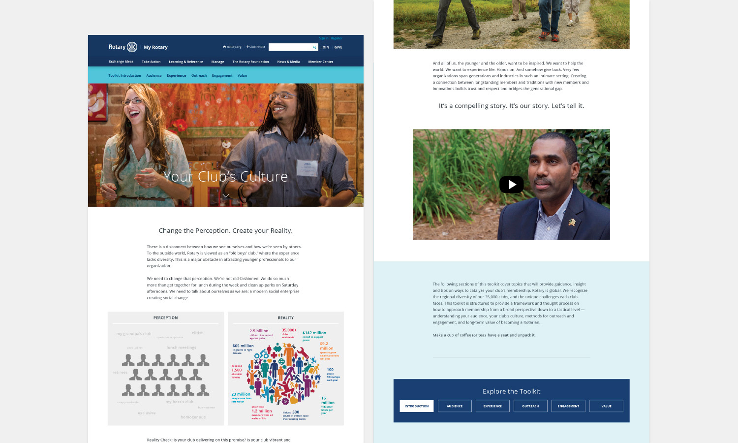Screenshot of Rotary's webpage highlights club culture. Two joyful individuals are pictured near the top. Below are graphics illustrating perception vs. reality with diverse group images. A video thumbnail shows a person in a garden setting. The tone is welcoming and inclusive, inviting exploration of club diversity.