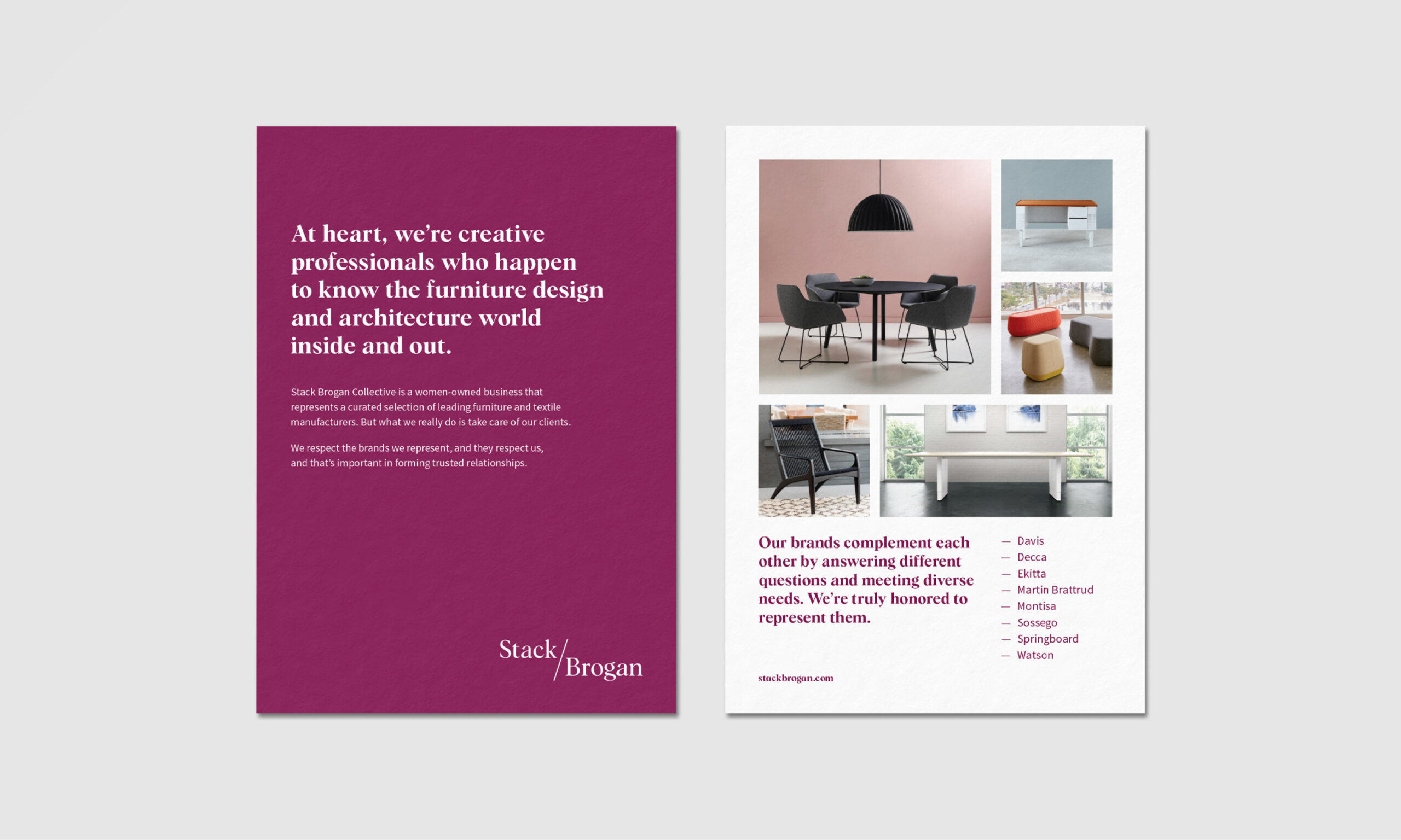 Two marketing posters: The left one features white text on a burgundy background, describing creative professionals in furniture design and architecture. The right poster showcases minimalist furniture photos, including chairs and tables, on a light background, with brand names listed below.