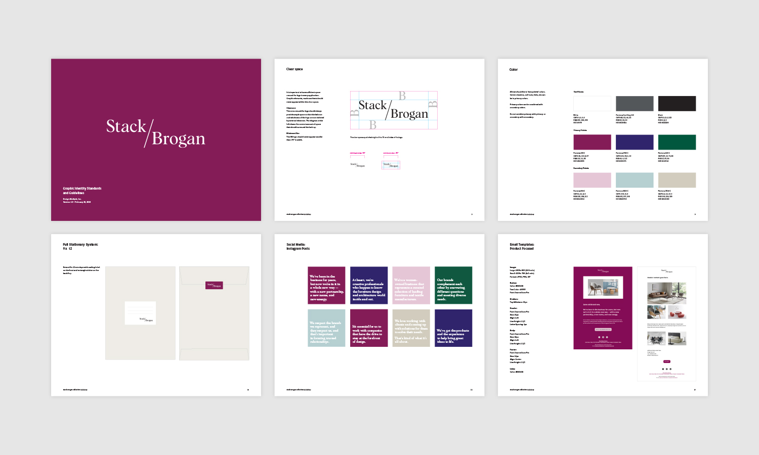 Grid layout with six panels displaying a branding guide. Features 'Stack/Brogan' logo, color palettes, typography, and layout designs on white backgrounds with maroon accents.
