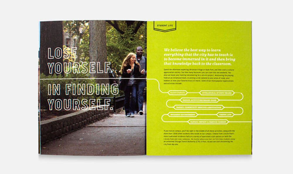 Open magazine spread showing a city sidewalk with trees on the left and a bright green section on the right. Text reads "Lose Yourself in Finding Yourself" and "Student Life."