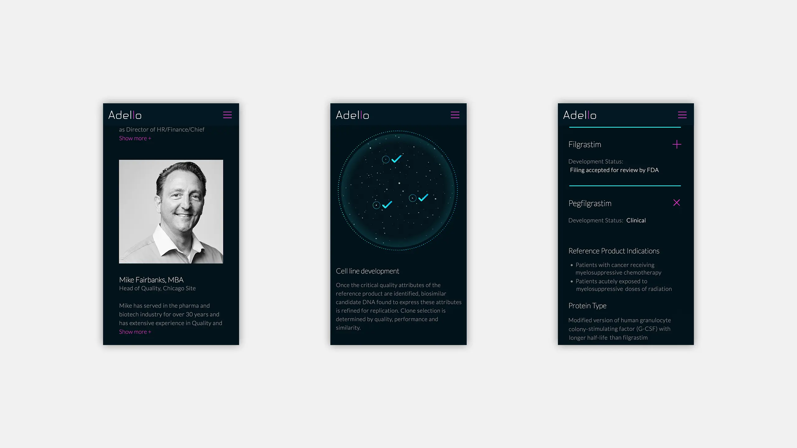 Image of three smartphone screens displaying a professional bio, data visualization, and product development statuses on a dark blue background. The first screen features a black and white portrait with descriptions of a professional role and experience. The second screen shows a circular chart with check marks. The third screen lists development statuses for two products with progress indicators.