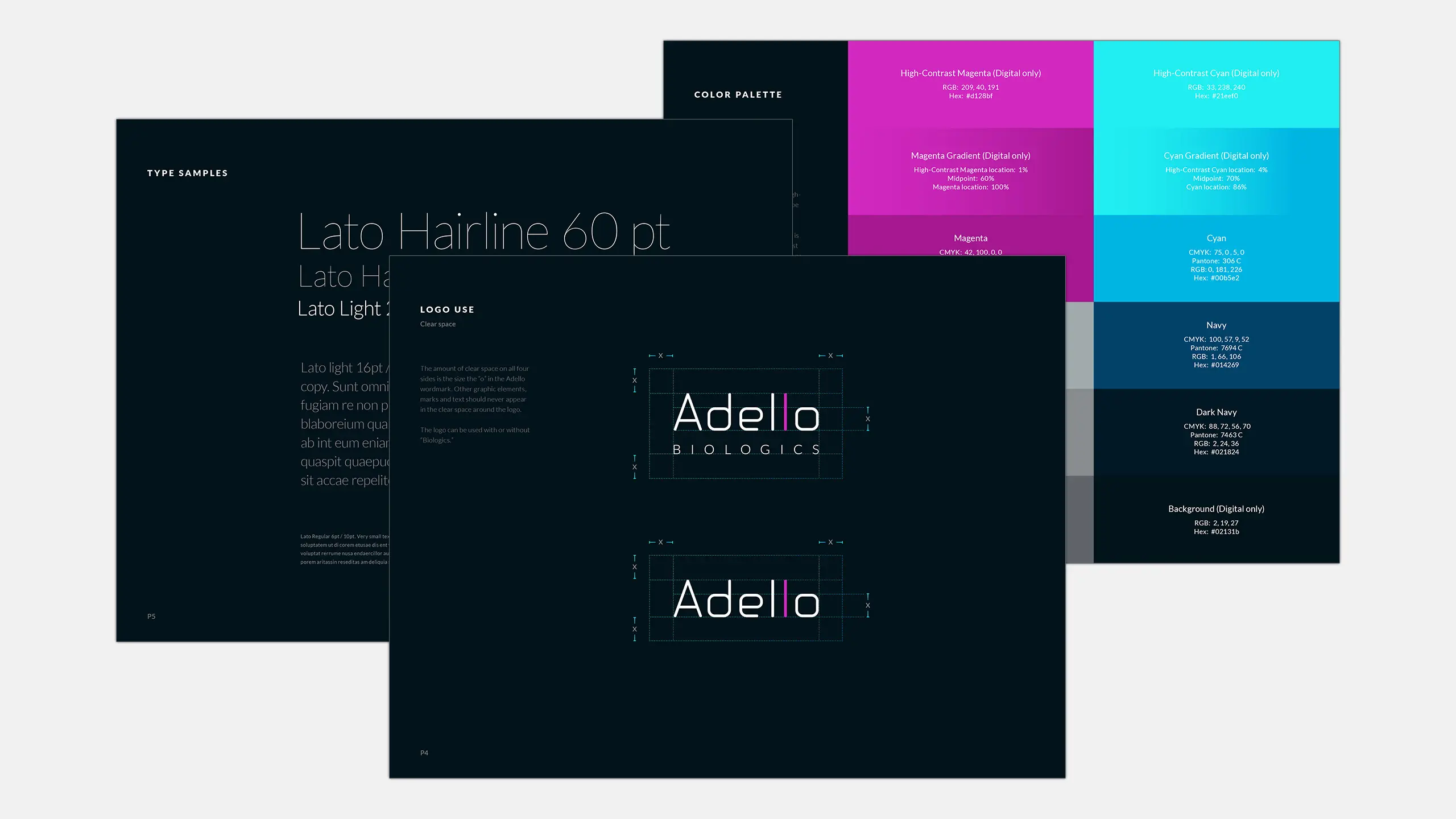 Brand guidelines featuring typography, logo usage, and color palette. Left shows type samples in sleek fonts. Right displays a vibrant color scheme with shades of purple and blue. Center highlights a logo with grid alignment.