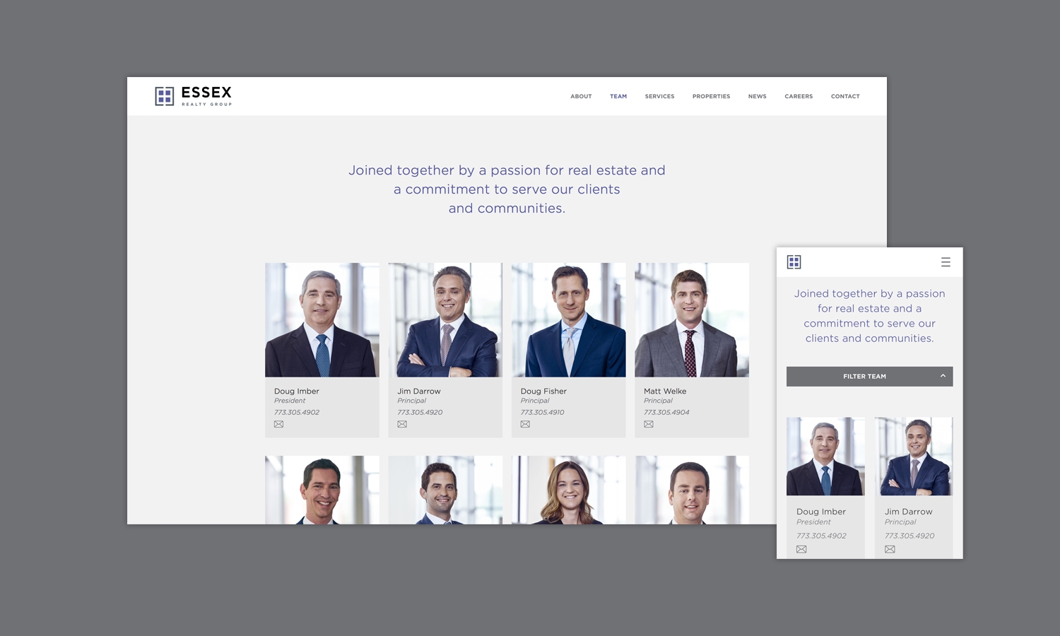 The team page of the Essex Realty Group website for displaying a real estate team's professional headshots with names and contacts.