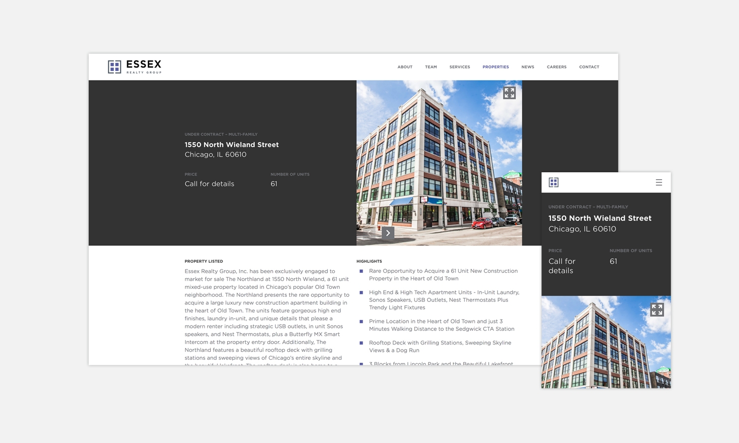 Website layout with navigation links at the top and showcasing a real estate listing by Essex Realty Group. Features a multi-story building under a blue sky. Listing details include the location, number of units, price, and highlights of the property.