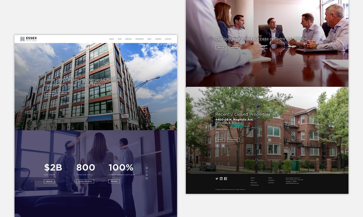 Split-screen image: Left, a modern office building with text overlay about real estate success; Right top, people in a meeting; Right bottom, a residential property.