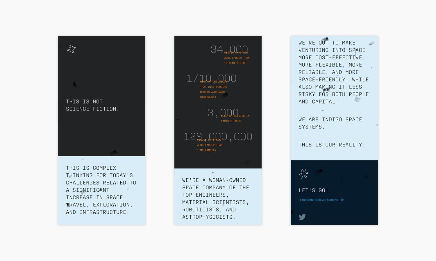 Three-panel infographic from Indigo Space Systems. Left panel discusses complex thinking in space travel. Center panel highlights statistics on space debris, rockets, and satellites. Right panel describes the company's mission for cost-effective and flexible space solutions, emphasizing its identity as a woman-owned company.