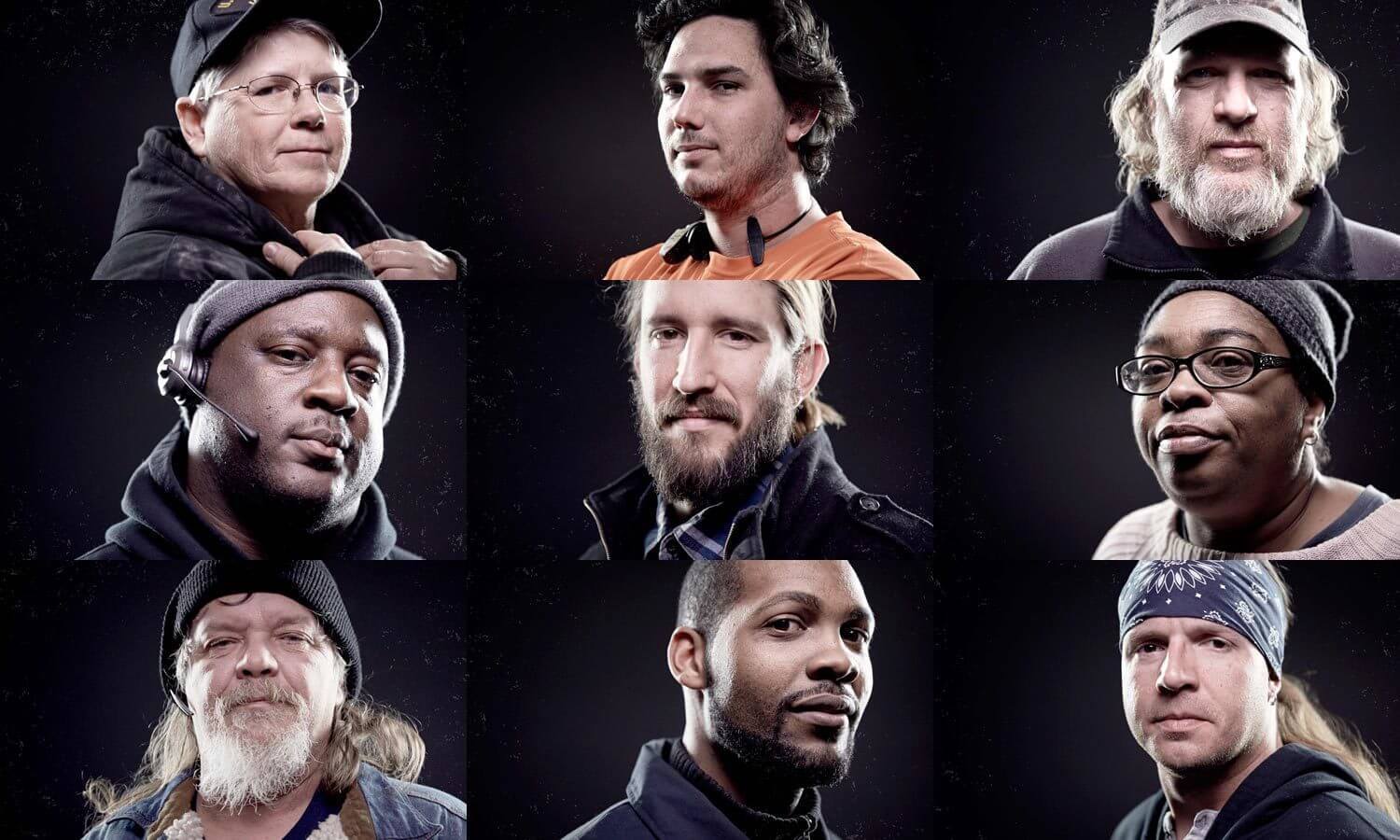 A grid of nine truck drivers from the One20 video shoot with various expressions, wearing casual clothes and accessories, set against a dark background.