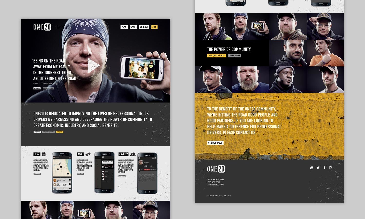 The image features a two-panel layout highlighting a trucker community. The left panel shows a man holding a smartphone, showcasing unity and connection. The right panel displays diverse truck drivers with text emphasizing the power of community.